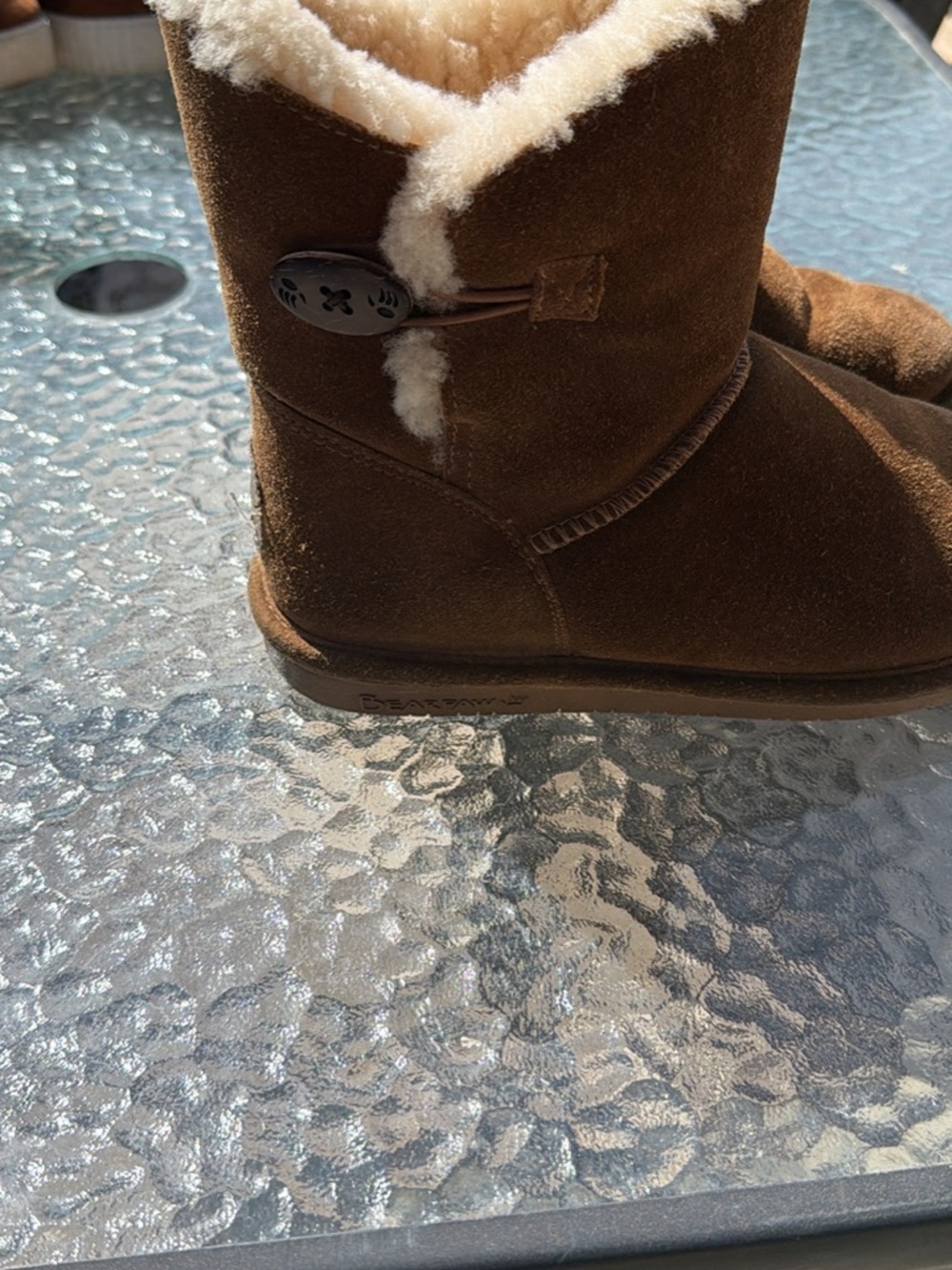 BearPaw Brown Suede Shearling Button Ankle Booties